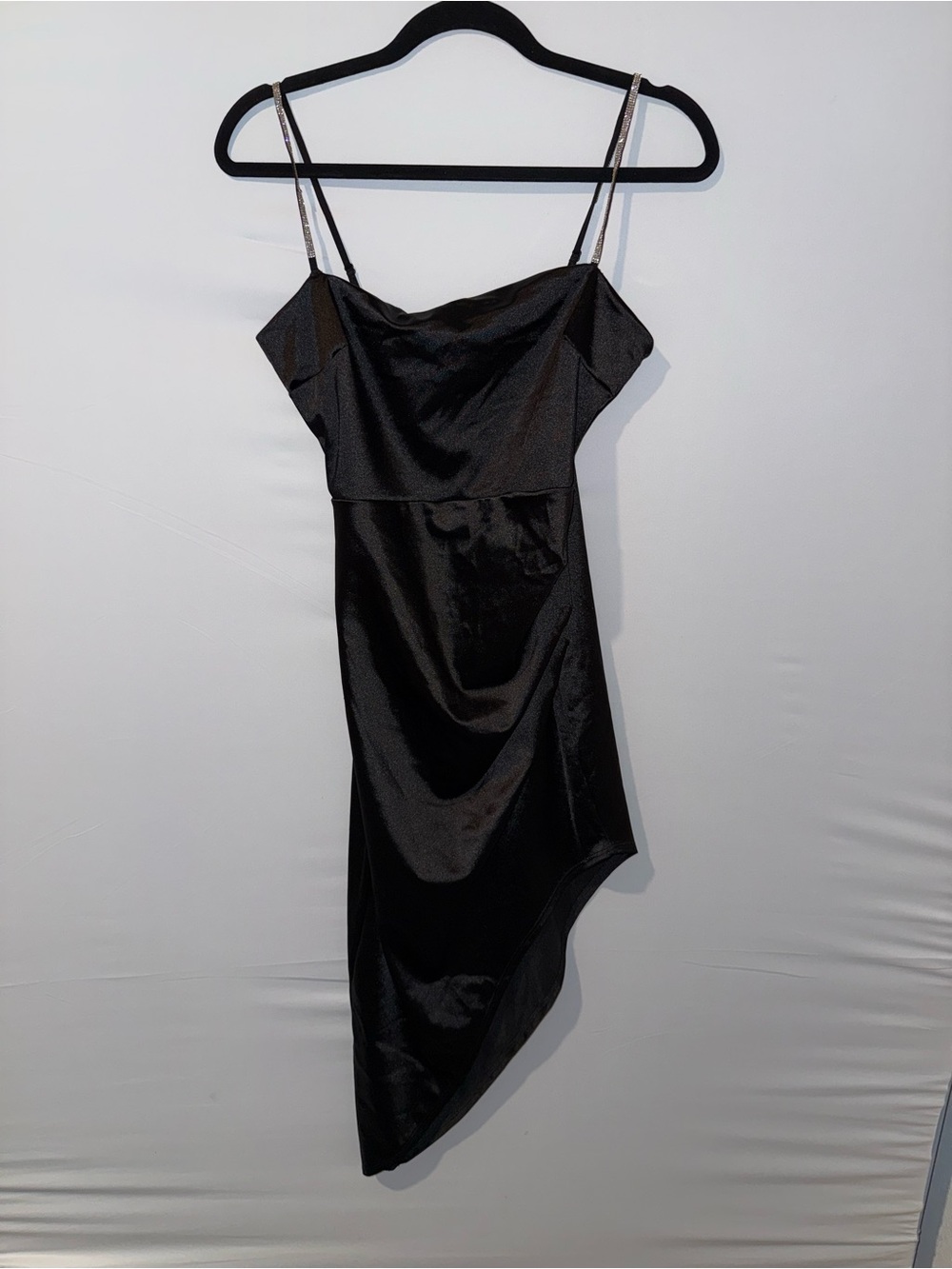 Rida Black Satin Rhinestone Strap Asymmetrical Dress Size L